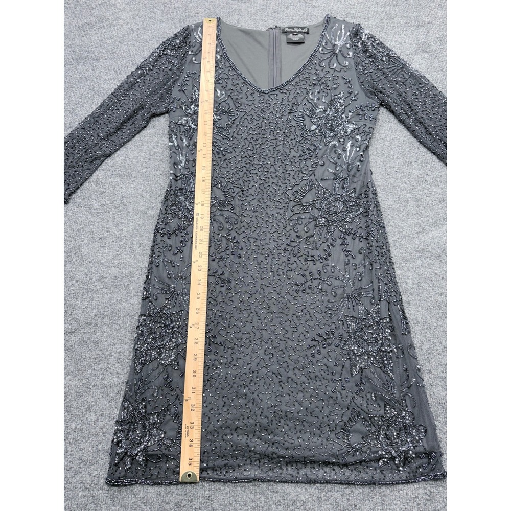 Pisarro‎ Nights Womens Size 12 Beaded Floral Mesh Dress Grey V-Neck 3/4 Sleeve - Picture 3 of 10